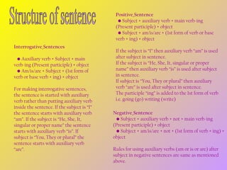 Positive Sentence
    • Subject + auxiliary verb + main verb-ing
(Present participle) + object
    • Subject + am/is/are + (1st form of verb or base
verb + ing) + object
Interrogative Sentences
      • Auxiliary verb + Subject + main
verb-ing (Present participle) + object
      • Am/is/are + Subject + (1st form of
verb or base verb + ing) + object
For making interrogative sentences,
the sentence is started with auxiliary
verb rather than putting auxiliary verb
inside the sentence. If the subject is “I”
the sentence starts with auxiliary verb
“am”. If the subject is “He, She, It,
singular or proper name” the sentence
starts with auxiliary verb “is”. If
subject is “You, They or plural” the
sentence starts with auxiliary verb
“are”.

If the subject is “I” then auxiliary verb “am” is used
after subject in sentence.
If the subject is “He, She, It, singular or proper
name” then auxiliary verb “is” is used after subject
in sentence.
If subject is “You, They or plural” then auxiliary
verb “are” is used after subject in sentence.
The participle “ing” is added to the 1st form of verb
i.e. going (go) writing (write)
Negative Sentence
      • Subject + auxiliary verb + not + main verb-ing
(Present participle) + object
      • Subject + am/is/are + not + (1st form of verb + ing) +
object
Rules for using auxiliary verbs (am or is or are) after
subject in negative sentences are same as mentioned
above. 

 