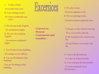 1.

I write a letter

-Yo escribo una carta.

4. We play tennis.

R: I am writing a letter

-Nosotros jugamos tenis.

-Yo estoy escribiendo una
carta.

R: We are playing tennis.

2. We do not study English.
- No estudiamos Inglés.
R: We are not studying
English.
- No estamos estudiando
Inglés.

-Nosotros estamos jugando tenis.

Convert to
Present
Continuous and
translate :

5. He goes to the school every day.
-Él va a la escuela cada día.
R: He is going to the school every
day
-Él está llendo a la escuela cada
día. 

3.  You Works in that building.
-Tú trabajas en ese edificio.

6.  I eat in the Restaurant.

R: You are Working in that
building.

-Yo como en el Restaurante. 

-You are Working in that
building.

R:  I am eating in the Restaurant.
-Yo estoy comiendo en el
Restaurante.

 