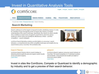 Invest in Quantitative Analysis Tools




Invest in sites like ComScore, Compete or Quantcast to identify a demographic
by industry and to get a preview of their search behavior.
 