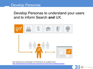 Develop Personas

 Develop Personas to understand your users
 and to inform Search and UX.




See Vanessa Fox‟s presentation on Personas for an in-depth how-to:
http://www.slideshare.net/optify/using-personas-to-boost-online-marketing-and-seo
 