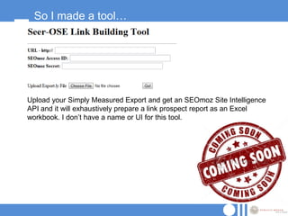 So I made a tool…




Upload your Simply Measured Export and get an SEOmoz Site Intelligence
API and it will exhaustively ...