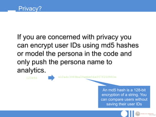 Privacy?



If you are concerned with privacy you
can encrypt user IDs using md5 hashes
or model the persona in the code and
only push the persona name to
analytics.
  123456    e10adc3949ba59abbe56e057f20f883e



                                    An md5 hash is a 128-bit
                                   encryption of a string. You
                                   can compare users without
                                      saving their user IDs
 