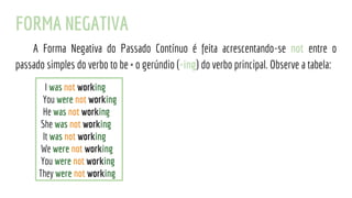 FORMA NEGATIVA
A Forma Negativa do Passado Contínuo é feita acrescentando-se not entre o
passado simples do verbo to be + o gerúndio (-ing) do verbo principal. Observe a tabela:
I was not working
You were not working
He was not working
She was not working
It was not working
We were not working
You were not working
They were not working
 