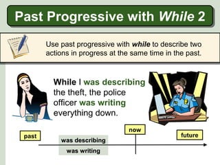 Past Progressive with While 2
Past Progressive with While 2
Use past progressive with while to describe two
actions in progress at the same time in the past.

While
While I was describing
the theft, the police
the theft, the police
officer was writing
officer was writing
everything down.
everything down.
past

now
was describing
was writing

future

 