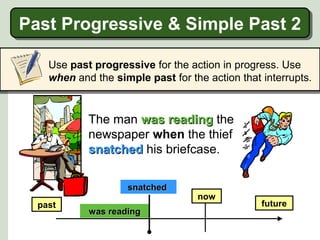 Past Progressive & Simple Past 2
Past Progressive & Simple Past 2
Use past progressive for the action in progress. Use
when and the simple past for the action that interrupts.

The man was reading the
newspaper when the thief
snatched his briefcase.
snatched
past

was reading

now

future

 