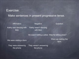 Exercise:
Make sentences in present progressive tense.
Affirmative

Negative

Kathy was dancing with
Bob

Question

Kathy wasn’t dancing
with Bob
He wasn’t telling a jokes Was he telling jokes?
Were we visiting the
farm

We were visiting a farm
They were answering
the phone

They weren’t answering
the phone

 