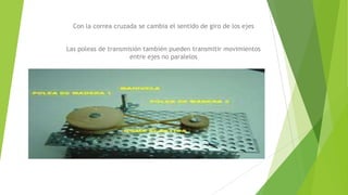 Con la correa cruzada se cambia el sentido de giro de los ejes
Las poleas de transmisión también pueden transmitir movimientos
entre ejes no paralelos
 