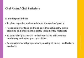 www.facebook.com/delhindra
Chef Pastry/ Chef Patissiere
Main Responsibilities
▪ To plan, organize and superintend the work of pastry
▪ Responsible for food and food cost through pastry menu
planning and ordering the pastry ingredients/ materials
▪ To control of pastry staff in their work and efficient use
machinery and other pastry facilities
▪ Responsible for all preparations, making of pastry and bakery
products.
 
