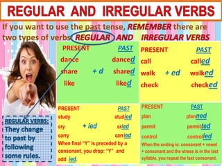 If you want to use the past tense, there are
two types of verbs:
PRESENT PAST
call called
walk + ed walked
check checked
PRESENT PAST
study studied
cry + ied cried
carry carried
When final “Y” is preceded by a
consonant, you drop: “Y” and
add ied.
PRESENT PAST
plan planned
permit permitted
control controlled
When the ending is: consonant + vowel
+ consonant and the stress is in the last
syllable, you repeat the last consonant.
PRESENT PAST
dance danced
share + d shared
like liked
 