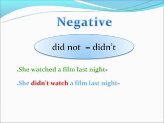 did not = didn’t

.She watched a film last night-

.She didn’t watch a film last night-
 