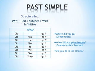 Structure Int:
(Wh) + Did + Subject + Verb
         Infinitive
           TO GO
 Did          I         go ?   Where did you go?
 Did        You         go ?    ¿Dónde fuiste?
 Did        He          go ?
 Did        She         go ?   When did you go to London?
                                ¿Cúando fuiste a Londres?
 Did         It         go ?
 Did        We          go ?   Did you go to the cinema?
 Did        You         go ?
 Did       They         go ?
 