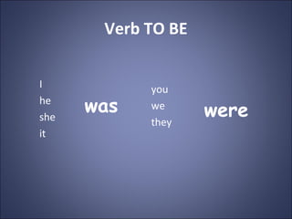 Verb TO BE


I           you
he
she
      was   we
                    were
            they
it
 
