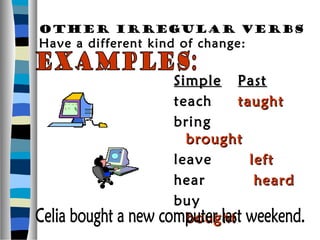 other irregular verbs
Have a different kind of change:


                    Simple Past
                    teach    taught
                    bring
                      brought
                    leave      left
                    hear        heard
                    buy
                      bought
 