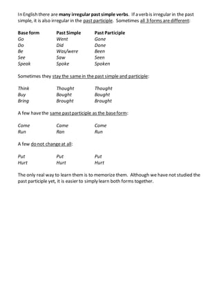 In English there are many irregular past simple verbs. If a verb is irregular in the past
simple, it is also irregular in the past participle. Sometimes all 3 forms are different:
Base form Past Simple Past Participle
Go Went Gone
Do Did Done
Be Was/were Been
See Saw Seen
Speak Spoke Spoken
Sometimes they stay the samein the past simple and participle:
Think Thought Thought
Buy Bought Bought
Bring Brought Brought
A few havethe same pastparticiple as the baseform:
Come Came Come
Run Ran Run
A few do not changeat all:
Put Put Put
Hurt Hurt Hurt
The only real way to learn them is to memorize them. Although we have not studied the
past participle yet, it is easier to simply learn both forms together.
 