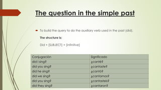 The question in the simple past
 To build the query to do the auxiliary verb used in the past (did).
The structure is:
Did + [SUBJECT] + [infinitive]
Conjugación Significado
did I sing? ¿canté?
did you sing? ¿cantaste?
did he sing? ¿cantó?
did we sing? ¿cantamos?
did you sing? ¿cantasteis?
did they sing? ¿cantaron?
 