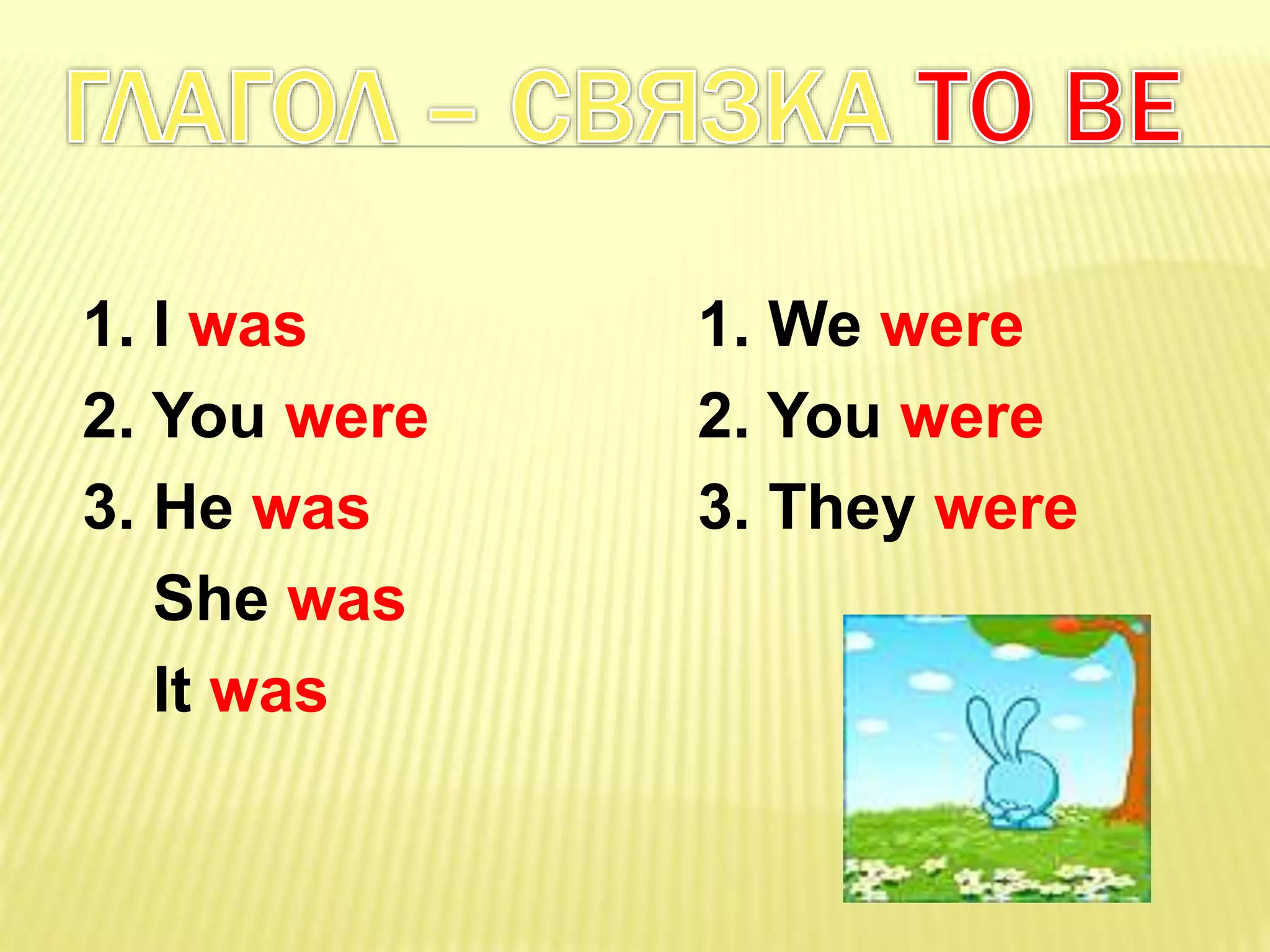 1. I was
2. You were
3. He was
She was
It was
1. We were
2. You were
3. They were
 
