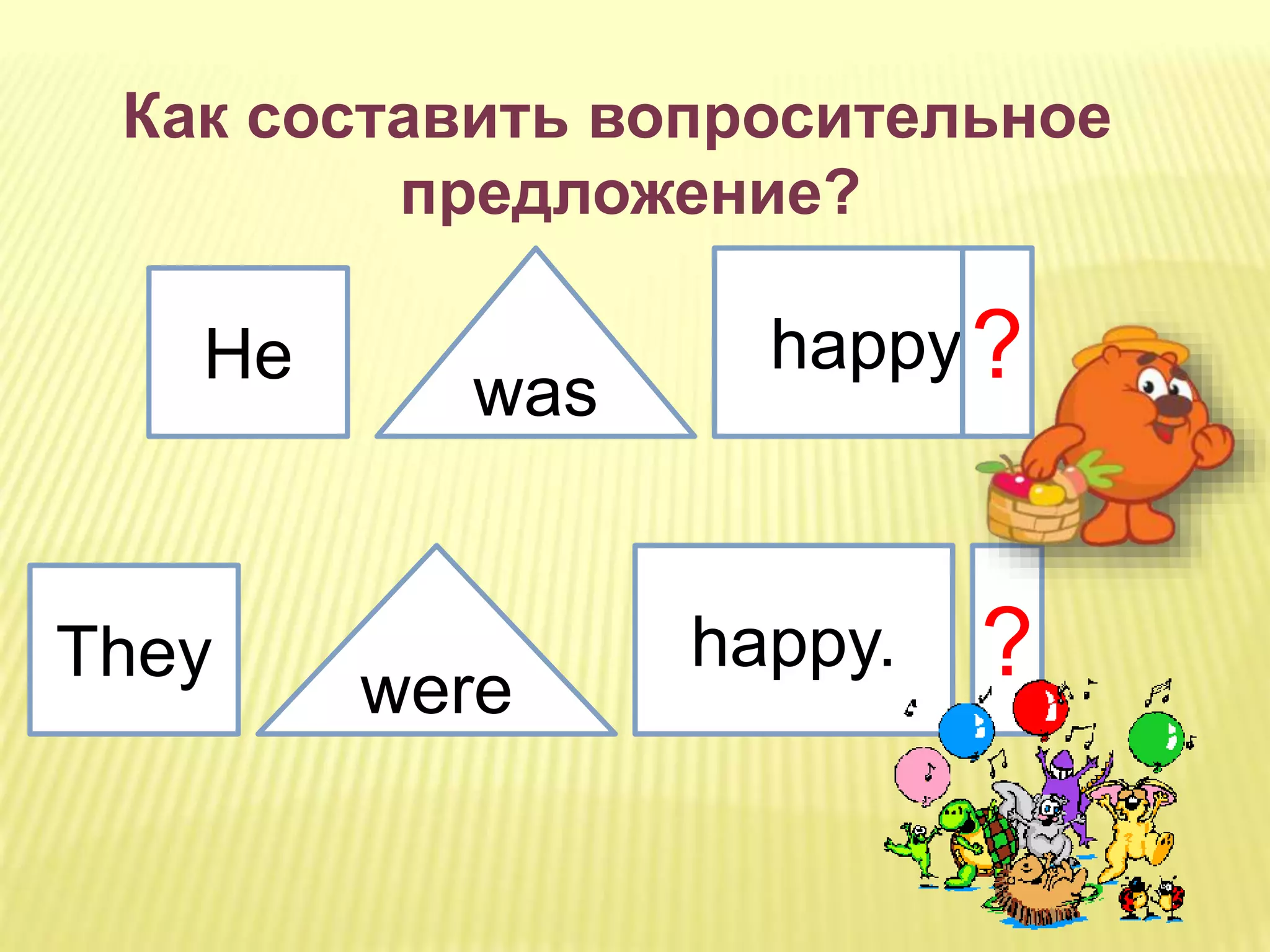 He
They
was
were
happy.
happy.
?
?
Как составить вопросительное
предложение?
 