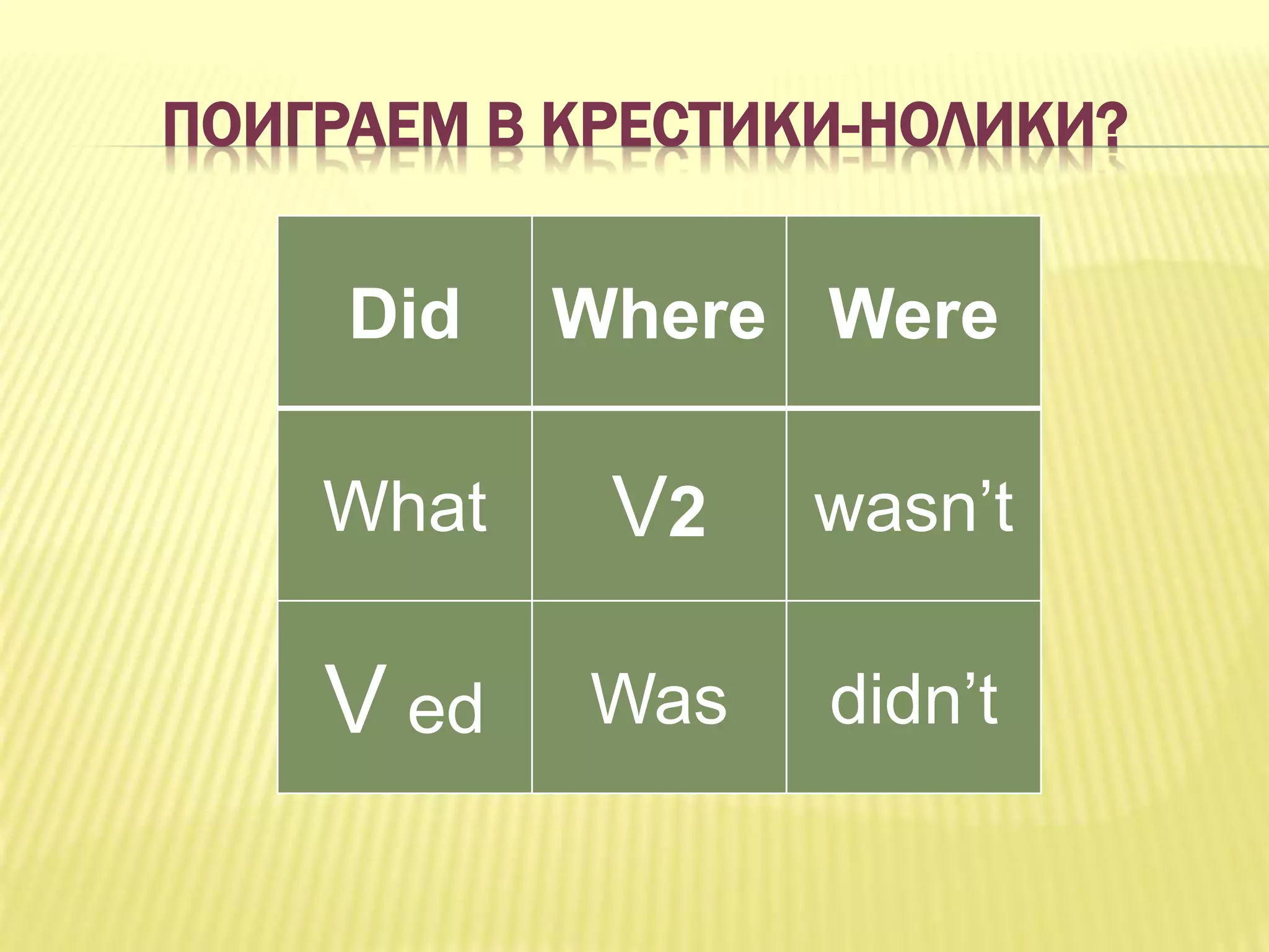 ПОИГРАЕМ В КРЕСТИКИ-НОЛИКИ?
Did Where Were
What V2 wasn’t
V ed Was didn’t
 