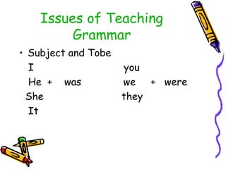 Issues of Teaching
Grammar
• Subject and Tobe
I you
He + was we + were
She they
It
 