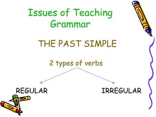 Issues of Teaching
Grammar
THE PAST SIMPLE
2 types of verbs
REGULAR IRREGULAR
 