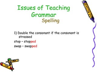 Issues of Teaching
Grammar
Spelling
1) Double the consonant if the consonant is
stressed
stop – stopped
swap – swapped
 