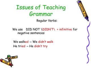 Issues of Teaching
Grammar
Regular Verbs:
We use DID NOT DIDN’T + infinitive for
negative sentences
We walked We→ didn’t walk
He tried He→ didn’t try
 
