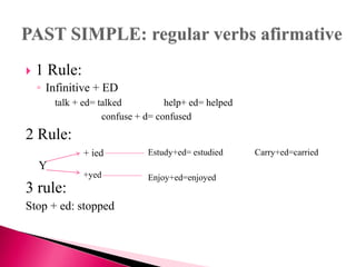  1 Rule:
◦ Infinitive + ED
talk + ed= talked help+ ed= helped
confuse + d= confused
2 Rule:
3 rule:
Stop + ed: stopped
+ ied
+yed
Estudy+ed= estudied Carry+ed=carried
Enjoy+ed=enjoyed
Y
 