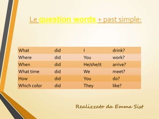 What did I drink?
Where did You work?
When did He/she/it arrive?
What time did We meet?
How did You do?
Which color did They like?
Le question words + past simple:
Realizzato da Emma Sist
 