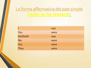 La forma affermativa del past simple
verbo to be (essere):
I was
You were
He/She/It was
We were
You were
They were
 
