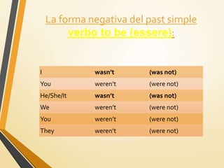 La forma negativa del past simple
verbo to be (essere):
I wasn’t (was not)
You weren’t (were not)
He/She/It wasn’t (was not)
We weren’t (were not)
You weren’t (were not)
They weren’t (were not)
 