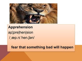 Apprehension
ap¦pre|hen|sion
/ˌæp.rɪˈhen.ʃən/
fear that something bad will happen
 