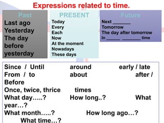 Expressions related to time.
PRESENT
Today
Every
Each
Now
At the moment
Nowadays
These days
Past
Last ago
Yesterday
The day
before
yesterday
Future
Next _______
Tomorrow
The day after tomorrow
In ______ ________ time
Since / Until around early / late
From / to about after /
Before
Once, twice, thrice times
What day…..? How long..? What
year…?
What month…..? How long ago…?
What time…?
 