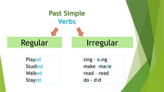 Past Simple
Verbs
Regular Irregular
Played
Studied
Walked
Stayed
sing – sang
make –made
read – read
do - did
 