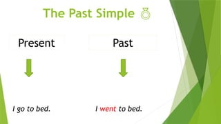 The Past Simple 
Present Past
I go to bed. I went to bed.
 