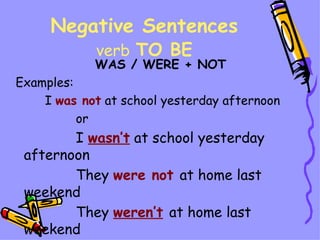 Negative Sentences
             verb TO BE
            WAS / WERE + NOT
Examples:
    I was not at school yesterday afternoon
          or
        I wasn’t at school yesterday
 afternoon
        They were not at home last
 weekend
        They weren’t at home last
 weekend
 