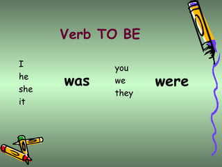 Verb TO BE

I           you
he
she
      was   we     were
            they
it
 