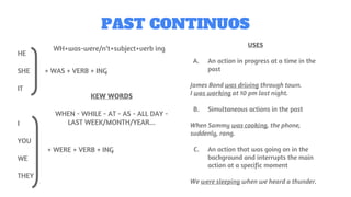 PAST CONTINUOS
HE
SHE + WAS + VERB + ING
IT
I
YOU
. + WERE + VERB + ING
WE
THEY
USES
A. An action in progress at a time in the
past
James Bond was driving through town.
I was working at 10 pm last night.
B. Simultaneous actions in the past
When Sammy was cooking, the phone,
suddenly, rang.
C. An action that was going on in the
background and interrupts the main
action at a specific moment
We were sleeping when we heard a thunder.
KEW WORDS
WHEN - WHILE - AT - AS - ALL DAY -
LAST WEEK/MONTH/YEAR...
WH+was-were/n’t+subject+verb ing
 