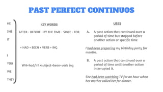 PAST PERFECT CONTINUOS
HE
SHE
IT
. + HAD + BEEN + VERB + ING
I
YOU
WE
THEY
KEY WORDS
AFTER - BEFORE - BY THE TIME - SINCE - FOR
USES
A. A past action that continued over a
period of time but stopped before
another action or specific time
I had been preparing my birthday party for
months.
B. A past action that continued over a
period of time until another action
interrupted it.
She had been watching TV for an hour when
her mother called her for dinner.
WH+had/n’t+subject+been+verb ing
 