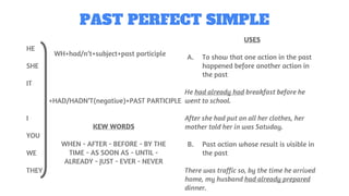 PAST PERFECT SIMPLE
HE
SHE
IT
. +HAD/HADN’T(negative)+PAST PARTICIPLE
I
YOU
WE
THEY
USES
A. To show that one action in the past
happened before another action in
the past
He had already had breakfast before he
went to school.
After she had put on all her clothes, her
mother told her in was Satuday.
B. Past action whose result is visible in
the past
There was traffic so, by the time he arrived
home, my husband had already prepared
dinner.
KEW WORDS
WHEN - AFTER - BEFORE - BY THE
TIME - AS SOON AS - UNTIL -
ALREADY - JUST - EVER - NEVER
WH+had/n’t+subject+past participle
 