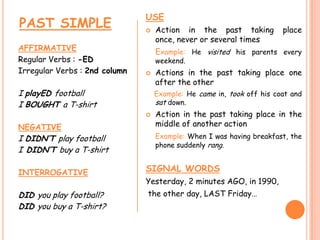 PAST SIMPLE
AFFIRMATIVE
Regular Verbs : -ED
Irregular Verbs : 2nd column
I playED football
I BOUGHT a T-shirt
NEGATIVE
I DIDN’T play football
I DIDN’T buy a T-shirt
INTERROGATIVE
DID you play football?
DID you buy a T-shirt?
USE
 Action in the past taking place
once, never or several times
Example: He visited his parents every
weekend.
 Actions in the past taking place one
after the other
Example: He came in, took off his coat and
sat down.
 Action in the past taking place in the
middle of another action
Example: When I was having breakfast, the
phone suddenly rang.
SIGNAL WORDS
Yesterday, 2 minutes AGO, in 1990,
the other day, LAST Friday…
 
