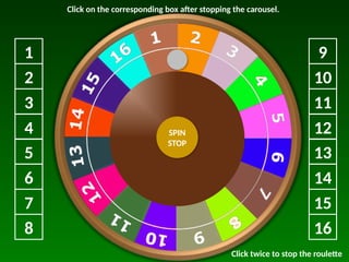 SPIN
STOP
1
2
3
4
5
6
7
8
9
10
11
12
13
14
15
16
Click twice to stop the roulette
Click on the corresponding box after stopping the carousel.