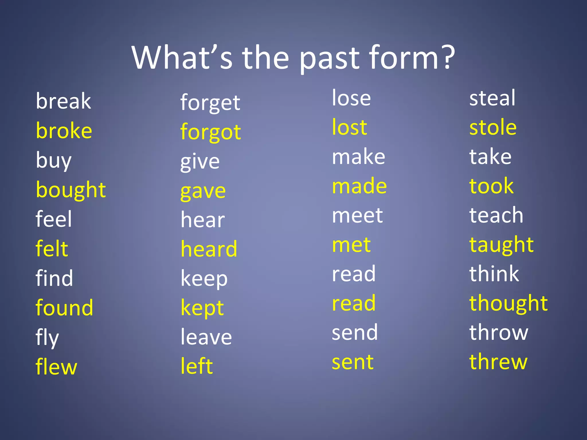 What’s the past form?
break
broke
buy
bought
feel
felt
find
found
fly
flew

forget
forgot
give
gave
hear
heard
keep
kept
leave
left

lose
lost
make
made
meet
met
read
read
send
sent

steal
stole
take
took
teach
taught
think
thought
throw
threw

 