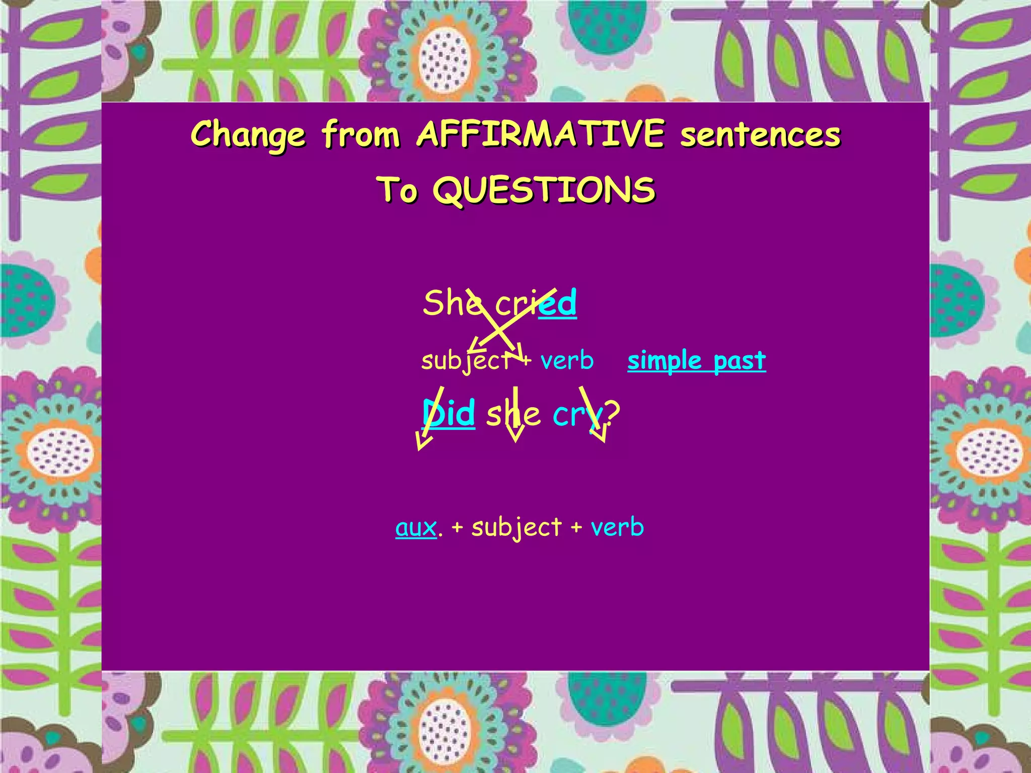 Change from AFFIRMATIVE sentences To QUESTIONS She cri ed subject +  verb simple past Did  she  cry ?     aux . + subject +  verb 