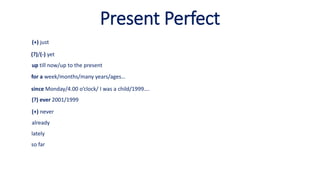 Present Perfect
(+) just
(?)/(-) yet
for a week/months/many years/ages…
since Monday/4.00 o’clock/ I was a child/1999….
(?) ever 2001/1999
(+) never
already
lately
so far
up till now/up to the present
 