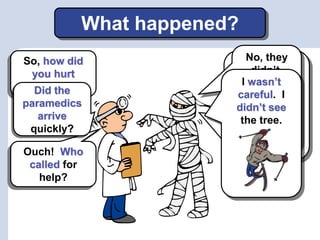 Another skier
called the
paramedics.
No, they
didn’t.
They had a
flat tire.
Ouch! Who
called for
help?
So, how did
you hurt
yourself?Did the
paramedics
arrive
quickly?
What happened?
I wasn’t
careful. I
didn’t see
the tree.
 