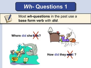 How did they ?
Where did she ?fallsfall
Wh- Questions 1
meetmet
Most wh-questions in the past use a
base form verb with did.
 