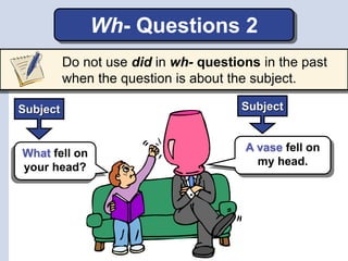 Wh- Questions 2
Do not use did in wh- questions in the past when the
question is about the subject.
A vase fell on
my head.
Subject
What fell on
your head?
Subject
Do not use did in wh- questions in the past
when the question is about the subject.
 