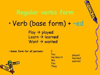 Regular verbs form
• Verb (base form) + –ed
Play  played
Learn  learned
Want  wanted
• Same form for all persons: I
You
He/she/it
We
You
They
played
learned
wanted
 