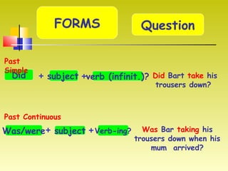 QuestionFORMS
Did verb (infinit.)?+
Past
Simple
subject + Did Bart take his
trousers down?
Was/were subject Verb-ing? Was Bar taking his
trousers down when his
mum arrived?
+ +
Past Continuous
 