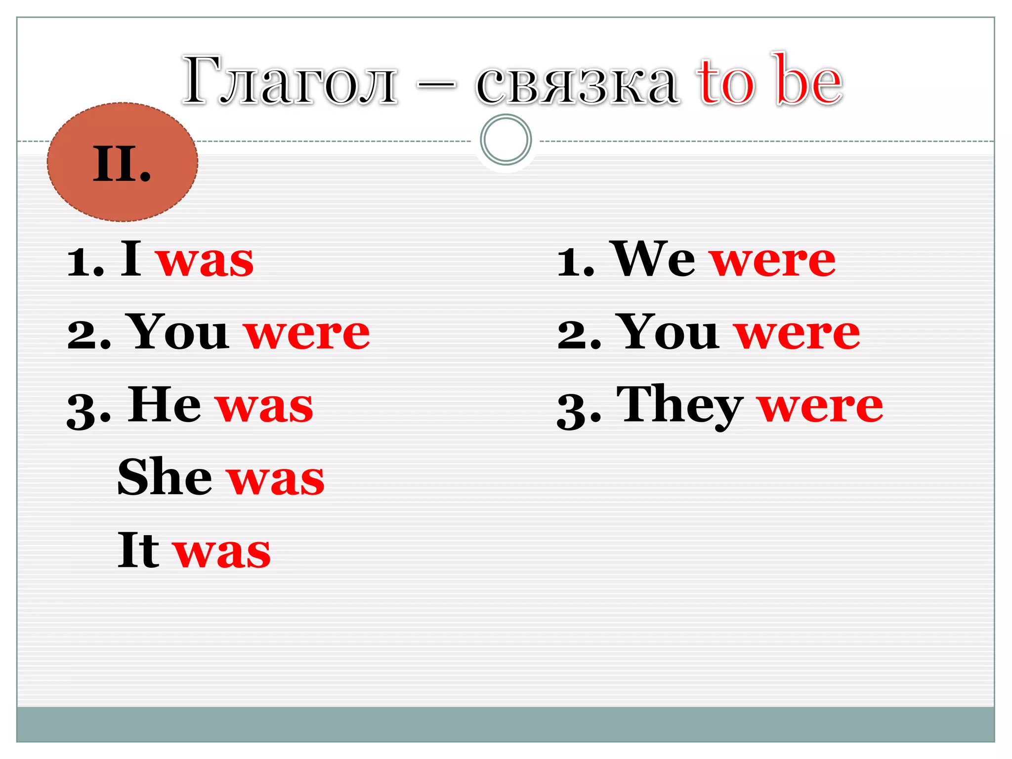 1. I was
2. You were
3. He was
She was
It was
1. We were
2. You were
3. They were
II.
 